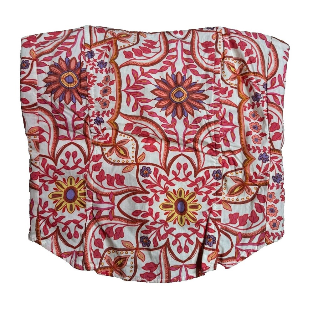 Boho Corset Top Summery Printed Cotton Structured Pink Riviera Coastal Floral M